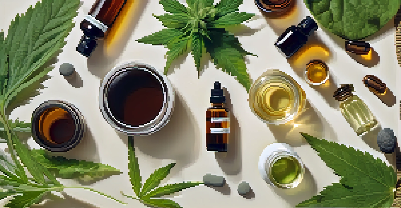 A flat lay of cannabis oil products including capsules, tinctures, and creams, arranged with herbs and stones, featuring an earthy color palette.