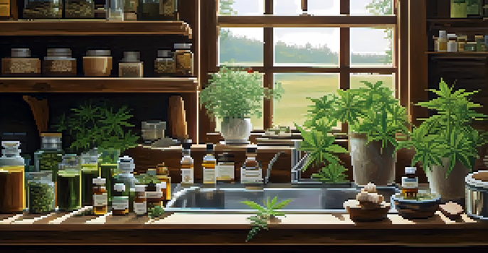 A bright kitchen with a wooden table showcasing different marijuana products like oils and edibles, illuminated by soft natural light.