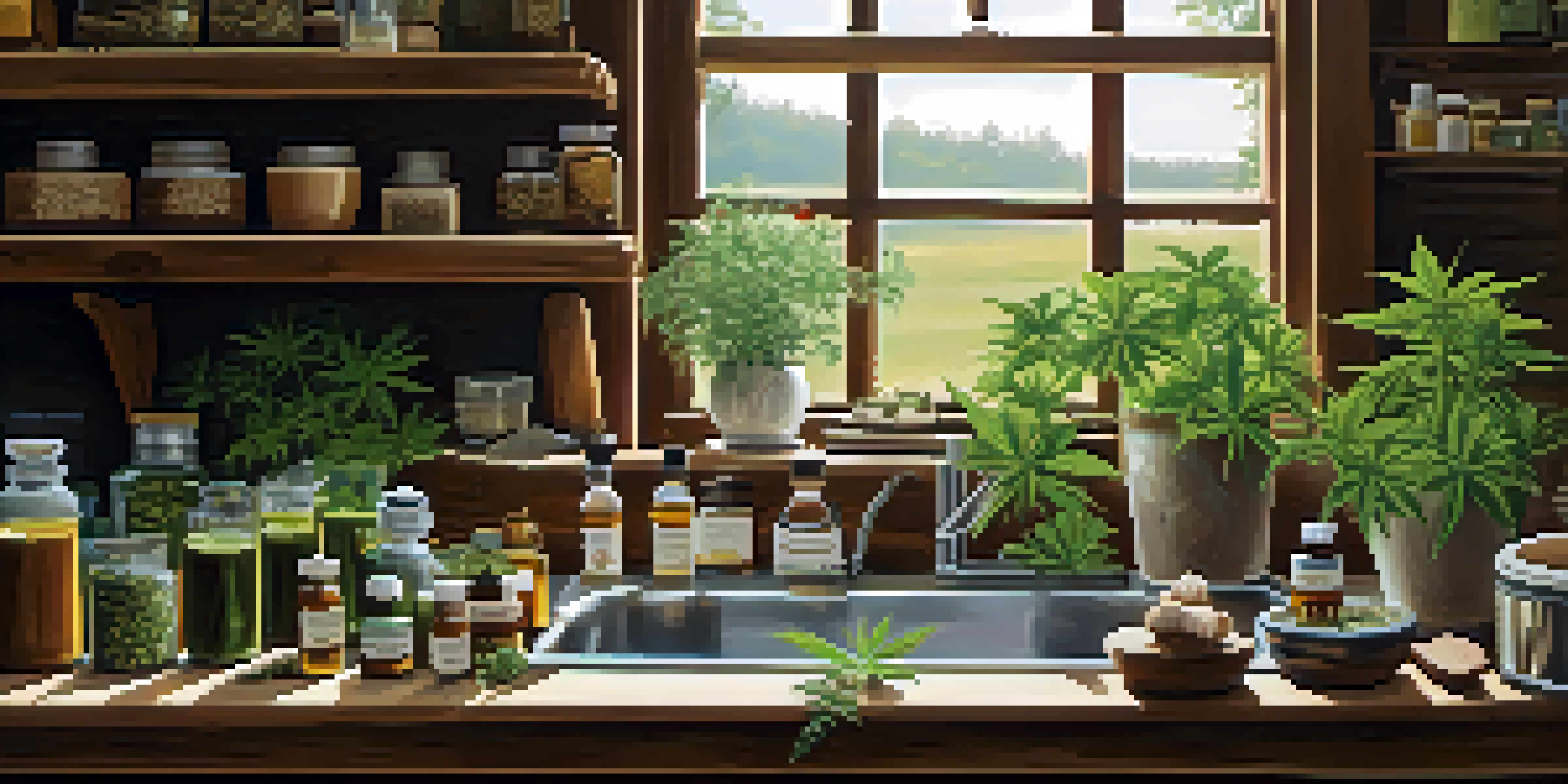 A bright kitchen with a wooden table showcasing different marijuana products like oils and edibles, illuminated by soft natural light.