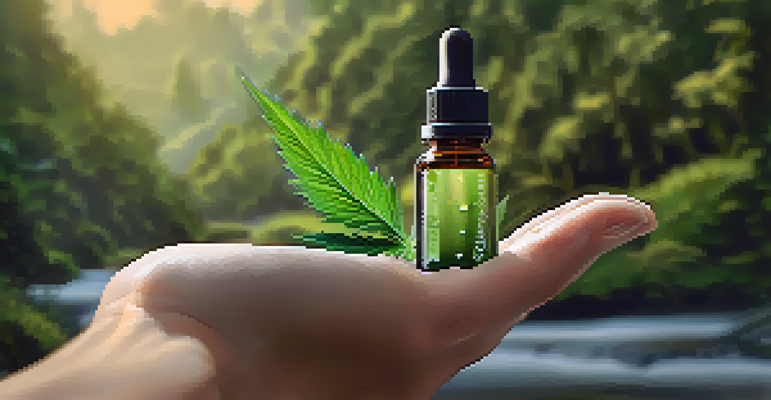 A hand holding a dropper bottle of CBD oil in front of a peaceful nature scene.