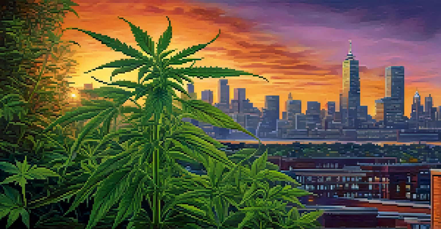 A vibrant cannabis plant growing in front of a city skyline at sunset, symbolizing the connection between nature and urban life.