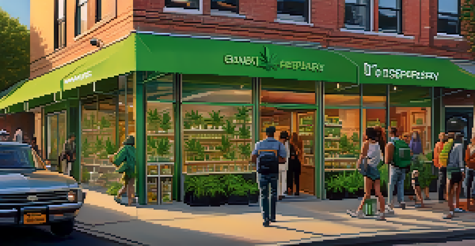 A modern cannabis dispensary in an urban area with people entering and exiting.