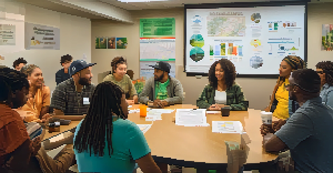 A diverse group of people in a community center discussing cannabis reform and record expungement, with charts and pamphlets around them.