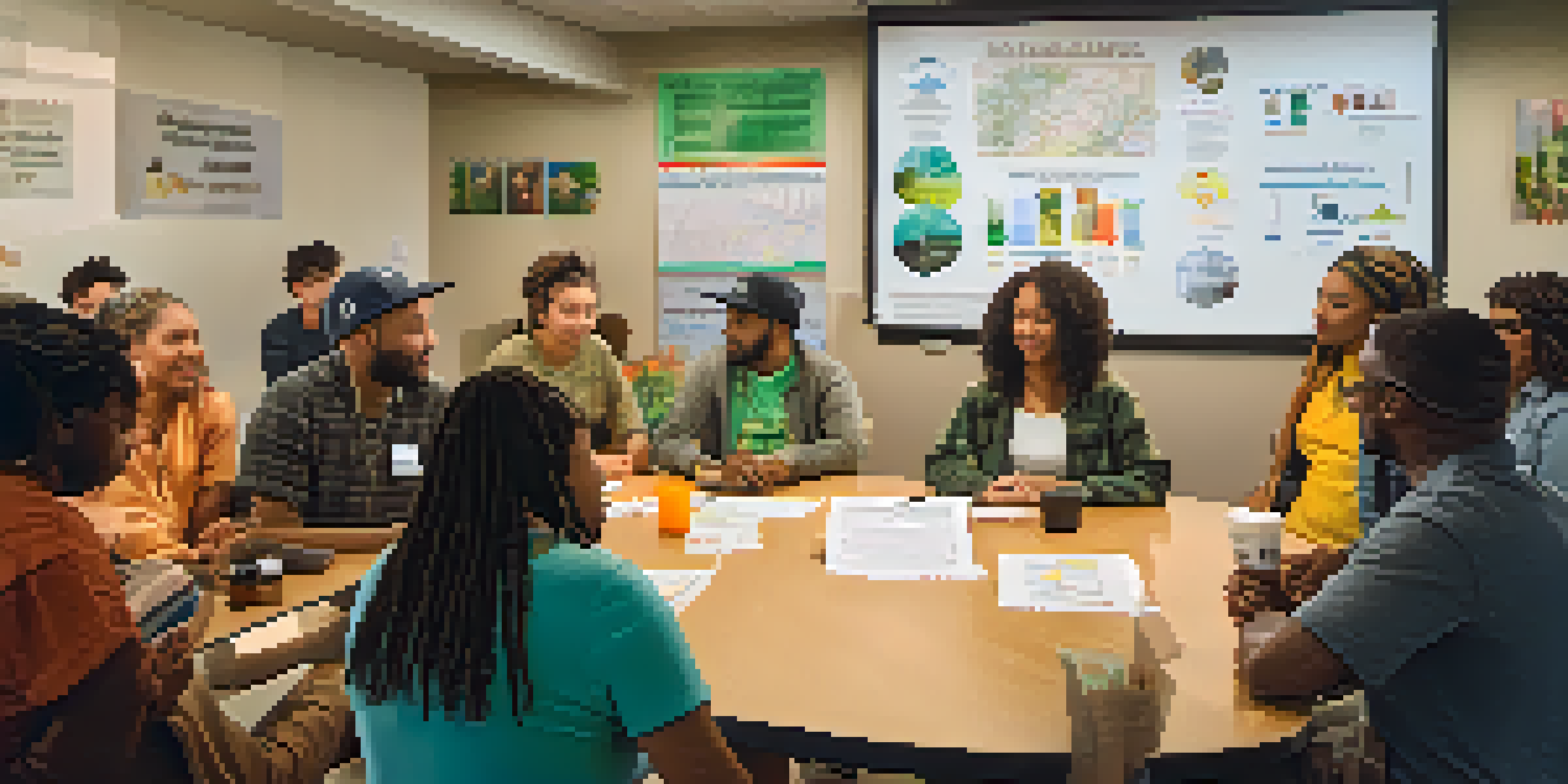 A diverse group of people in a community center discussing cannabis reform and record expungement, with charts and pamphlets around them.