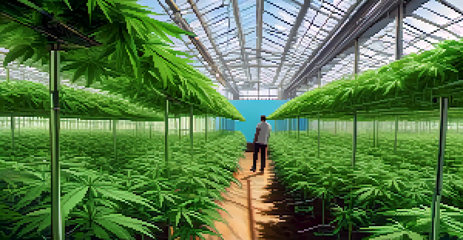 A vibrant augmented reality scene of a cannabis farm where customers are exploring the fields and learning about cultivation through digital overlays.