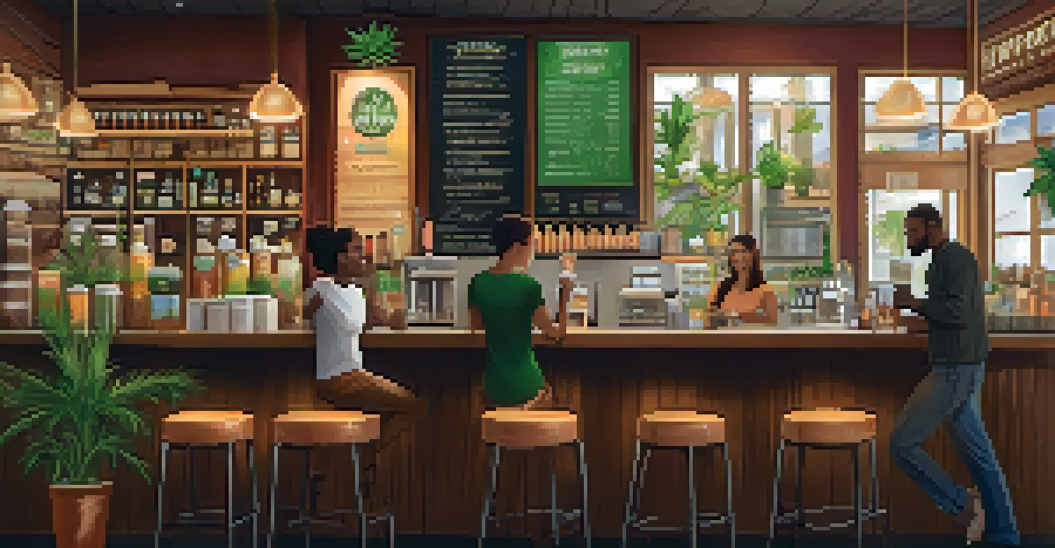 A cozy coffee shop with a cannabis-themed menu board, showcasing patrons enjoying drinks in a warm and inviting atmosphere.