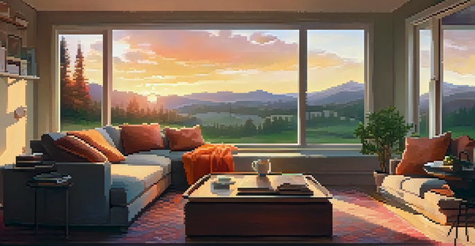 A cozy living room with a sofa, coffee table, and a sunset visible through the window, creating a warm and relaxing atmosphere.