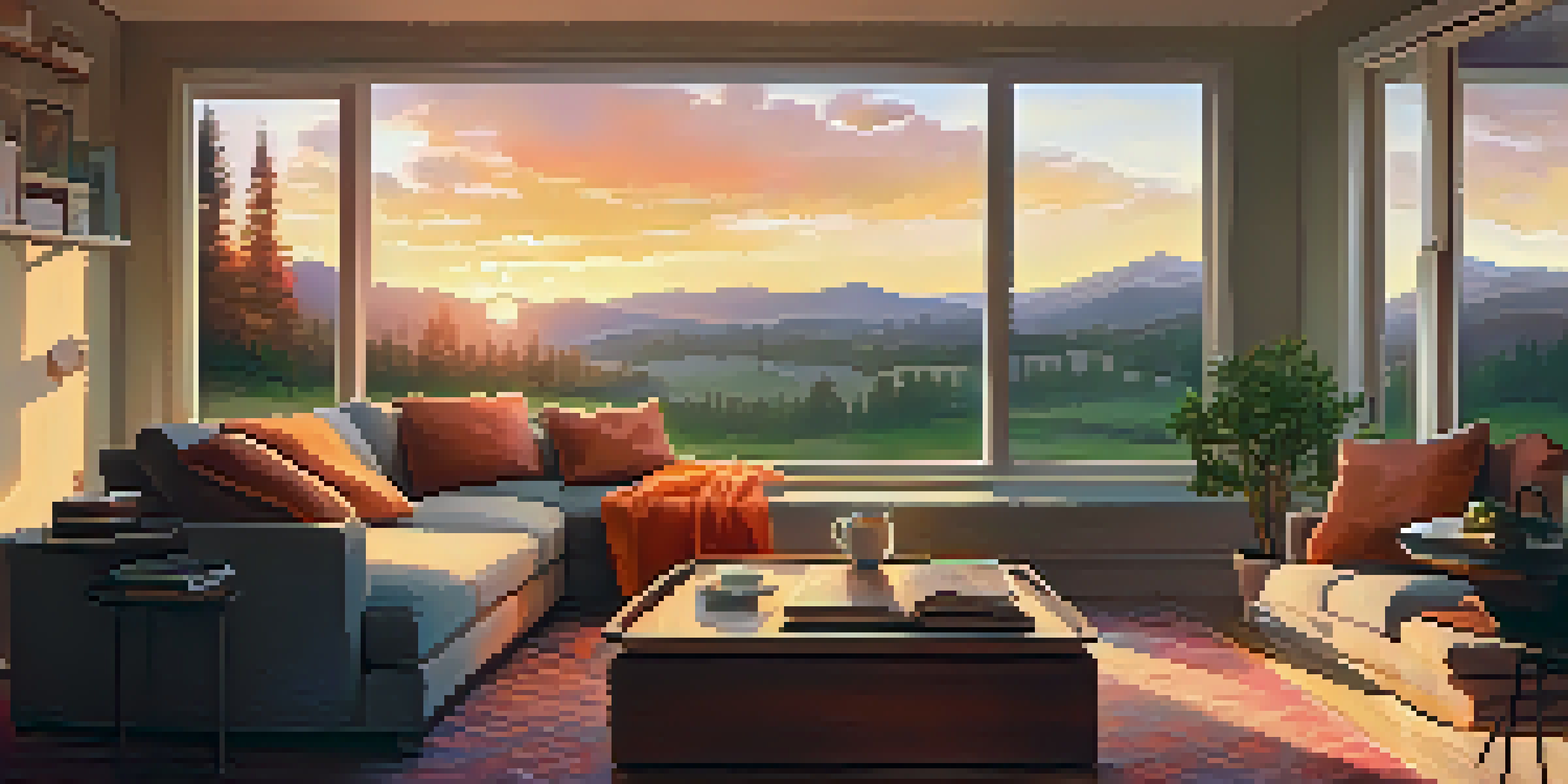 A cozy living room with a sofa, coffee table, and a sunset visible through the window, creating a warm and relaxing atmosphere.
