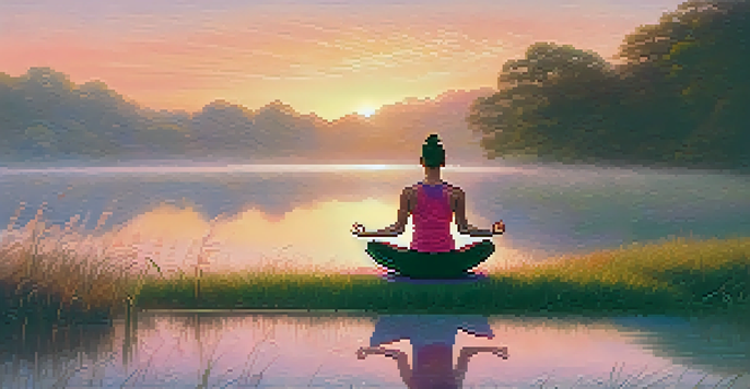 An athlete practicing yoga at sunrise in a tranquil landscape with lush greenery and a calm lake.