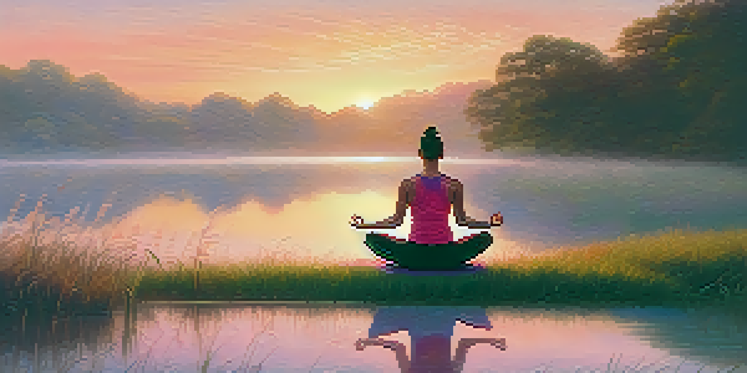 An athlete practicing yoga at sunrise in a tranquil landscape with lush greenery and a calm lake.