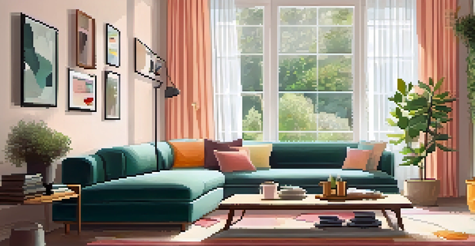 A cozy family living room filled with natural light, featuring a comfortable sofa, colorful cushions, and children's books on a coffee table.