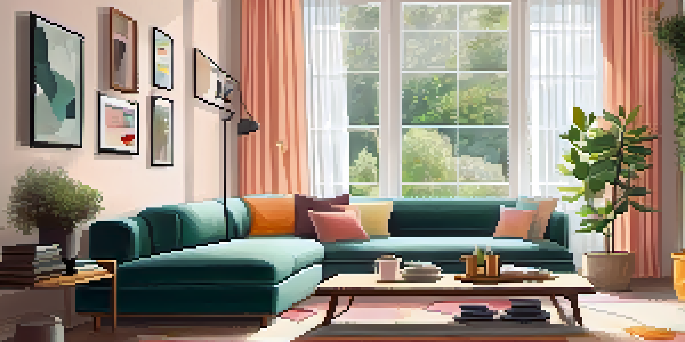 A cozy family living room filled with natural light, featuring a comfortable sofa, colorful cushions, and children's books on a coffee table.