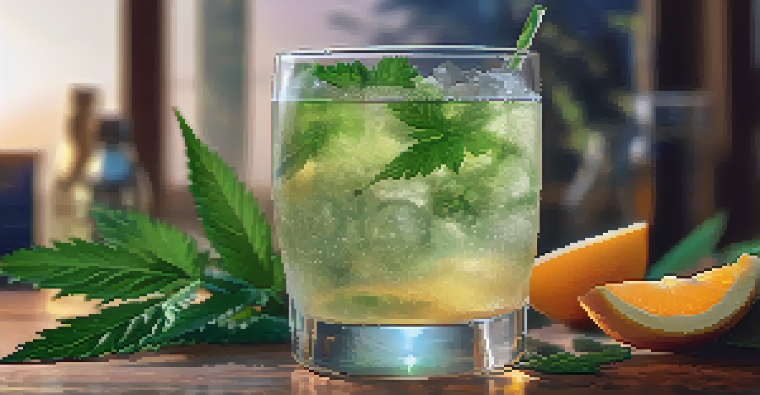 A close-up of a hand holding a cannabis-infused beverage in a cozy indoor setting.