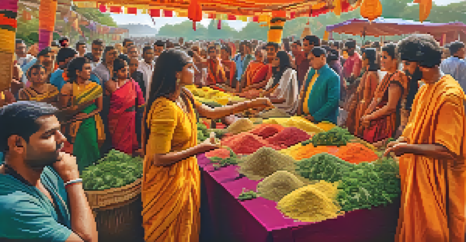 A vibrant Indian festival market scene showcasing the cultural use of cannabis in Ayurveda with stalls and people in traditional attire.