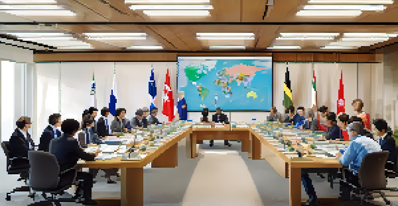 Representatives from various NGOs seated around a large table in a conference room, discussing marijuana policy with international flags in the background.