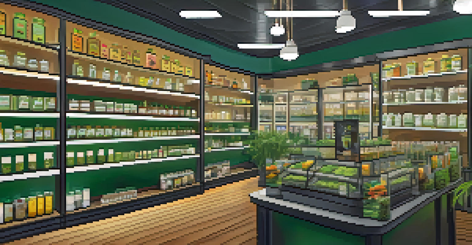 Interior of a modern cannabis dispensary with shelves displaying various products and a staff member assisting a customer.