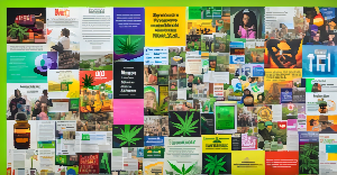 A colorful social media feed collage highlighting marijuana legalization activism with infographics, personal stories, and hashtags.