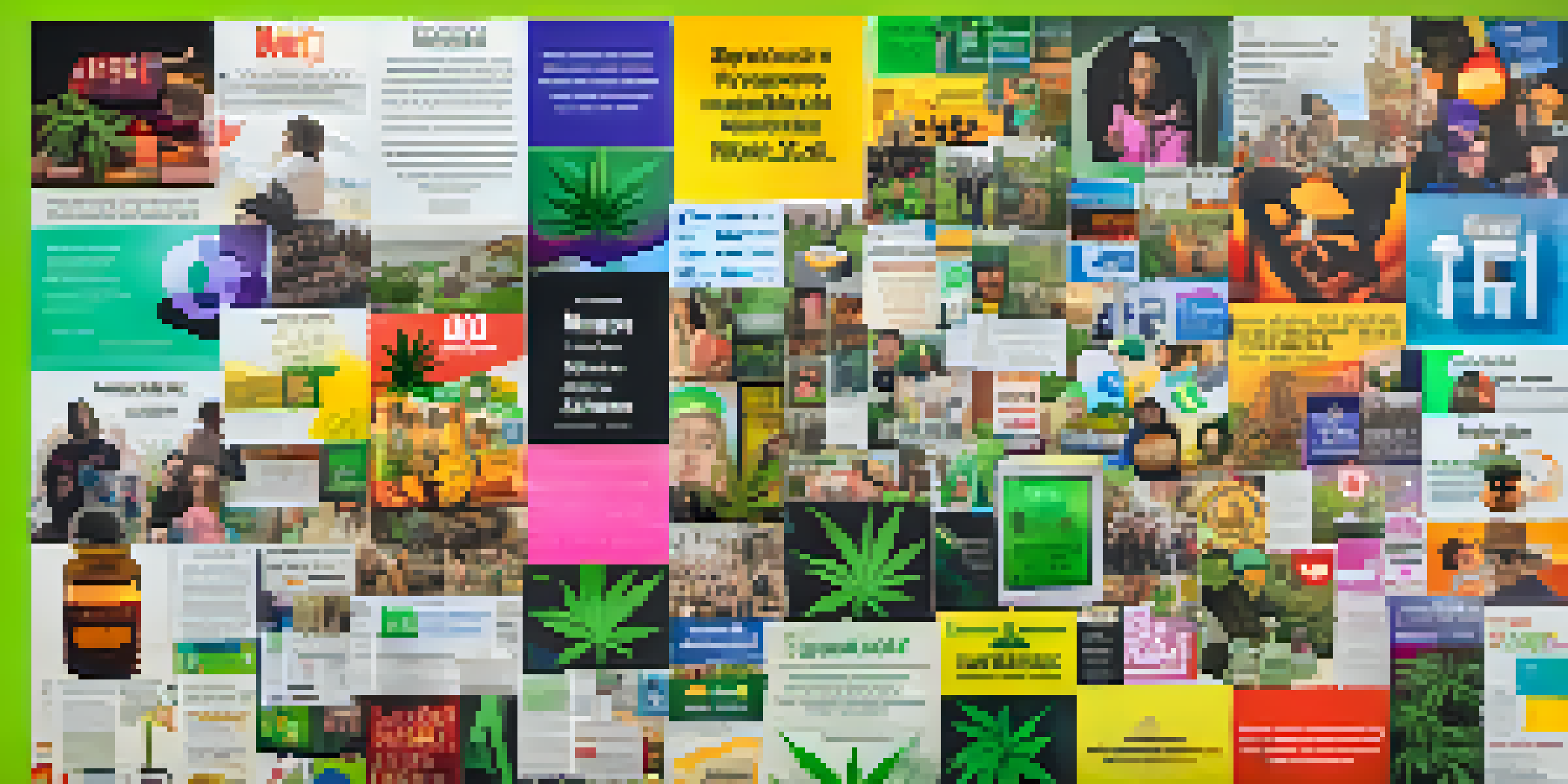 A colorful social media feed collage highlighting marijuana legalization activism with infographics, personal stories, and hashtags.