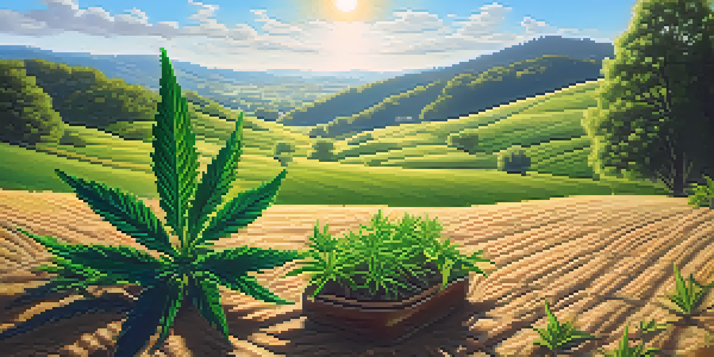 A peaceful green field with a cannabis plant in the foreground and a clear blue sky overhead.
