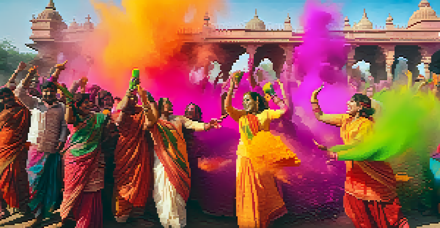 A lively Holi celebration with people throwing colored powders and enjoying bhang, surrounded by flowers and traditional decorations.