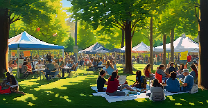 A community forum in a park with diverse people talking and colorful banners about harm reduction, sunlight filtering through trees.