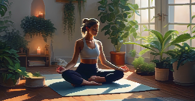 A woman practicing mindfulness on a yoga mat in a tranquil, softly lit room filled with plants and candles.