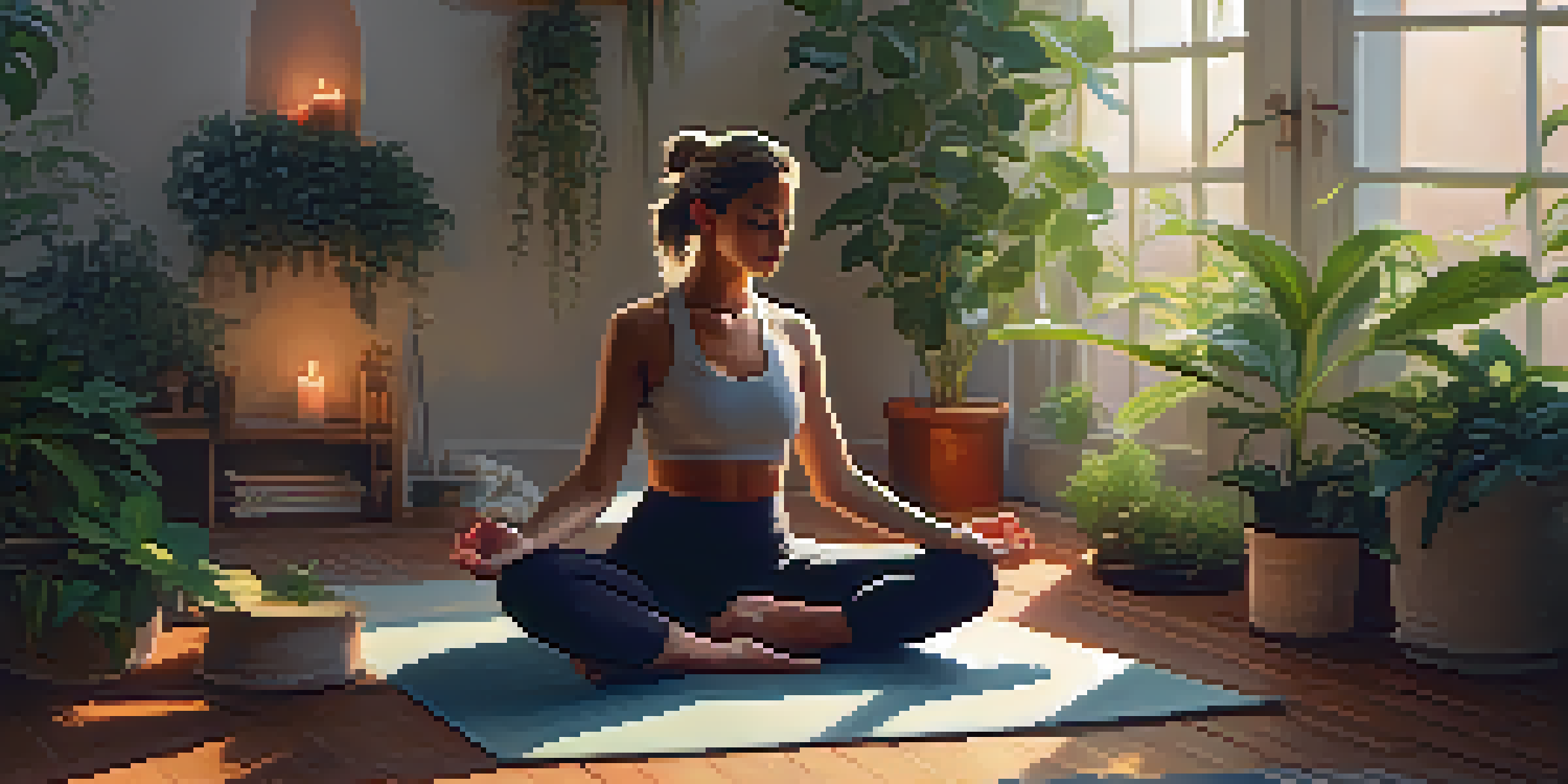 A woman practicing mindfulness on a yoga mat in a tranquil, softly lit room filled with plants and candles.