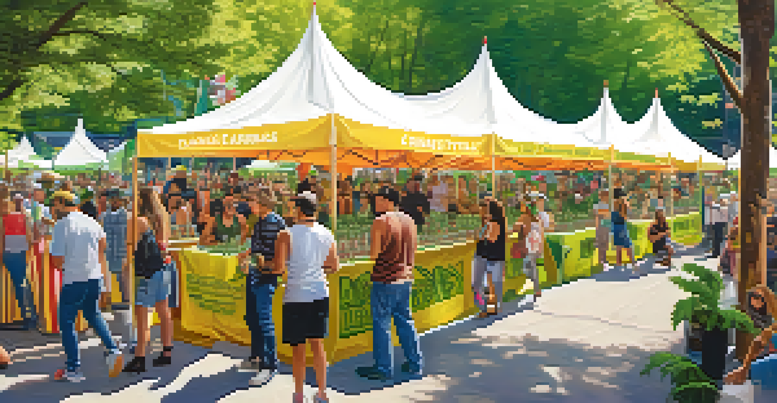 A vibrant cannabis festival in a park with tents, people socializing, and musicians performing.