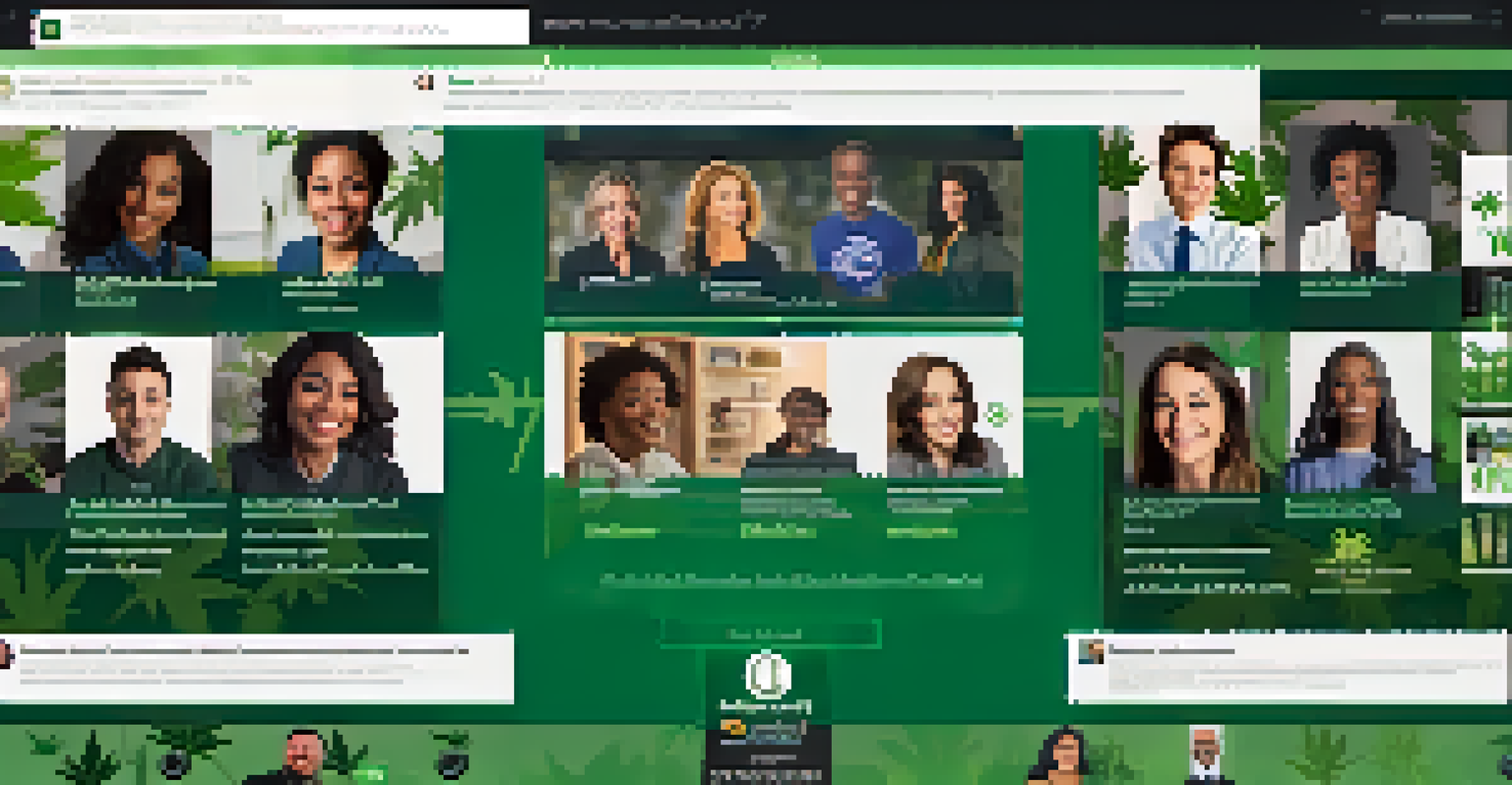 A webinar session featuring a diverse panel discussing cannabis education, with digital cannabis-themed graphics in the background.