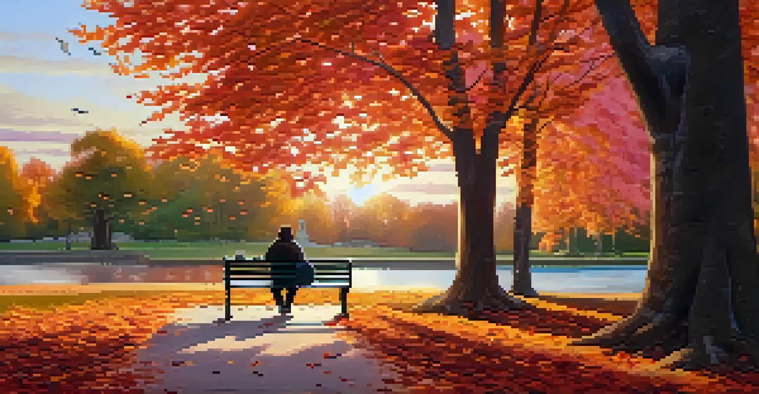 An outdoor sunset scene in a park with a person on a bench writing in a notebook, surrounded by autumn trees and a colorful sky.