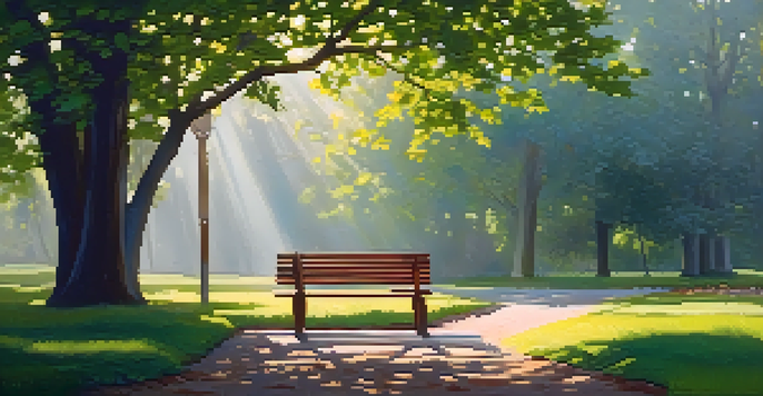 A peaceful park setting with sunlight shining through trees and a bench surrounded by greenery and flowers.