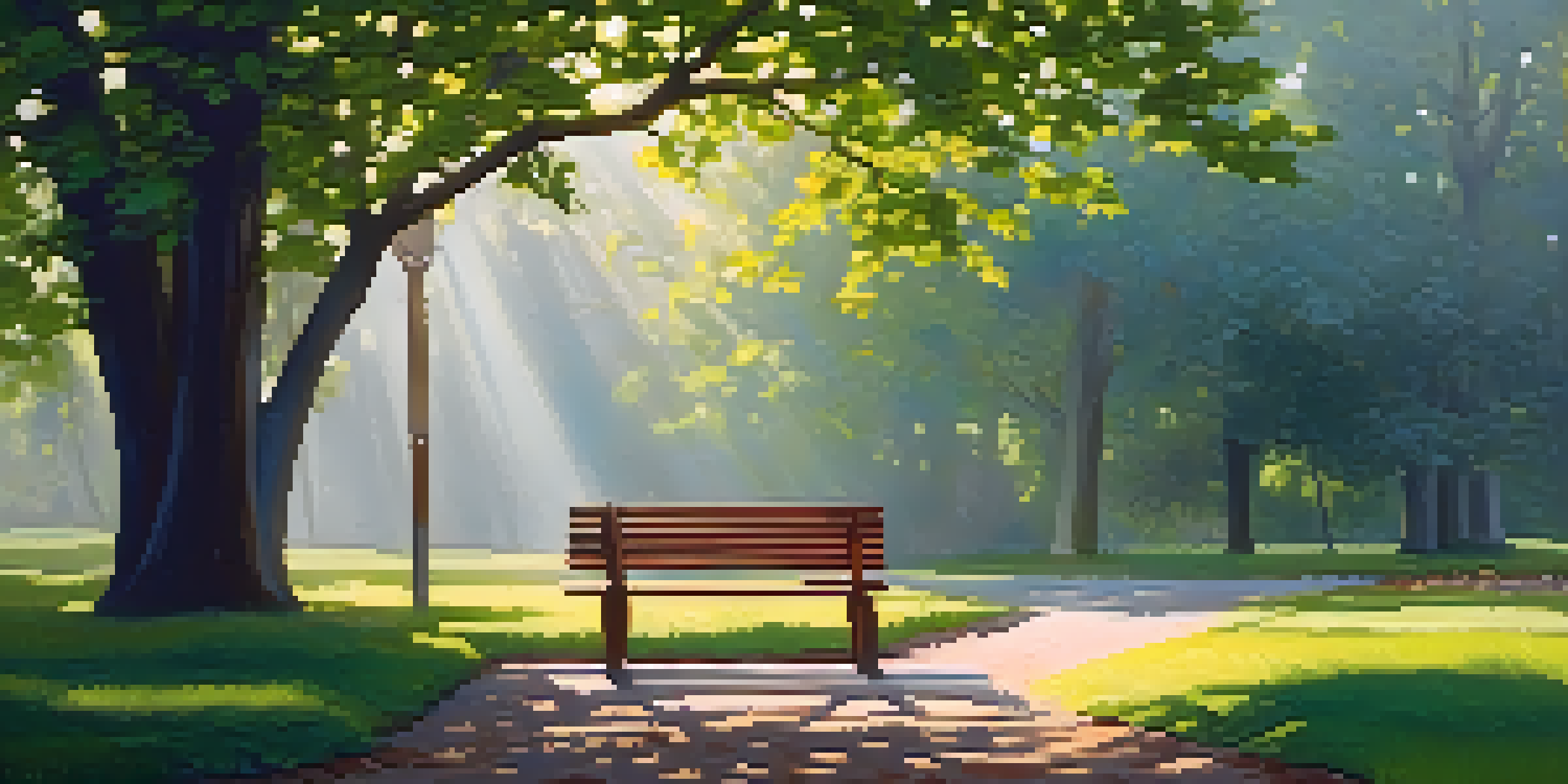 A peaceful park setting with sunlight shining through trees and a bench surrounded by greenery and flowers.