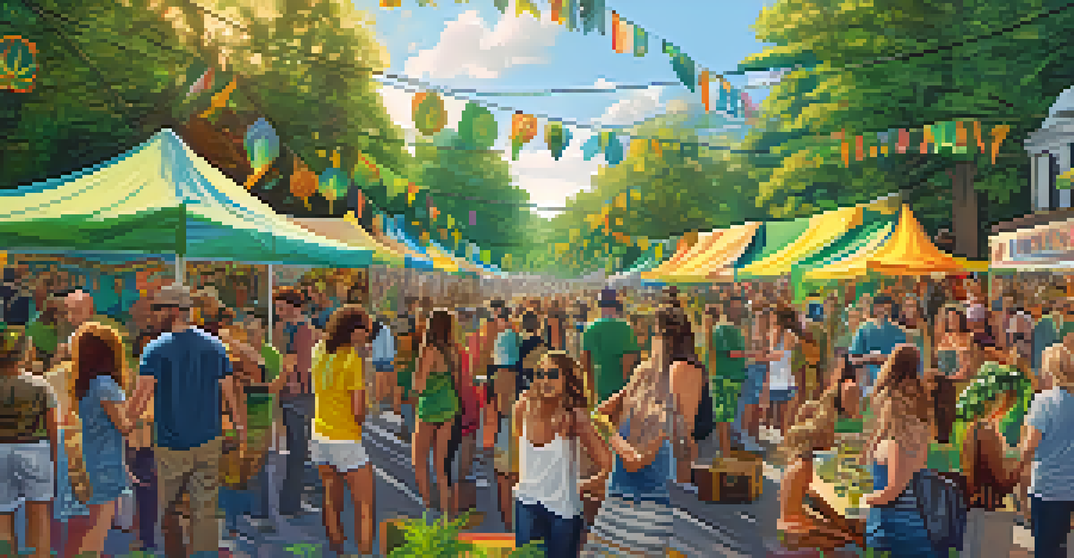 An outdoor festival featuring booths with cannabis products, live music, and a vibrant community atmosphere.