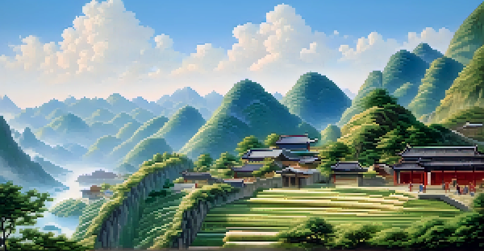 A peaceful view of ancient Chinese mountains with a village where people are weaving textiles from hemp, surrounded by greenery and under a blue sky.