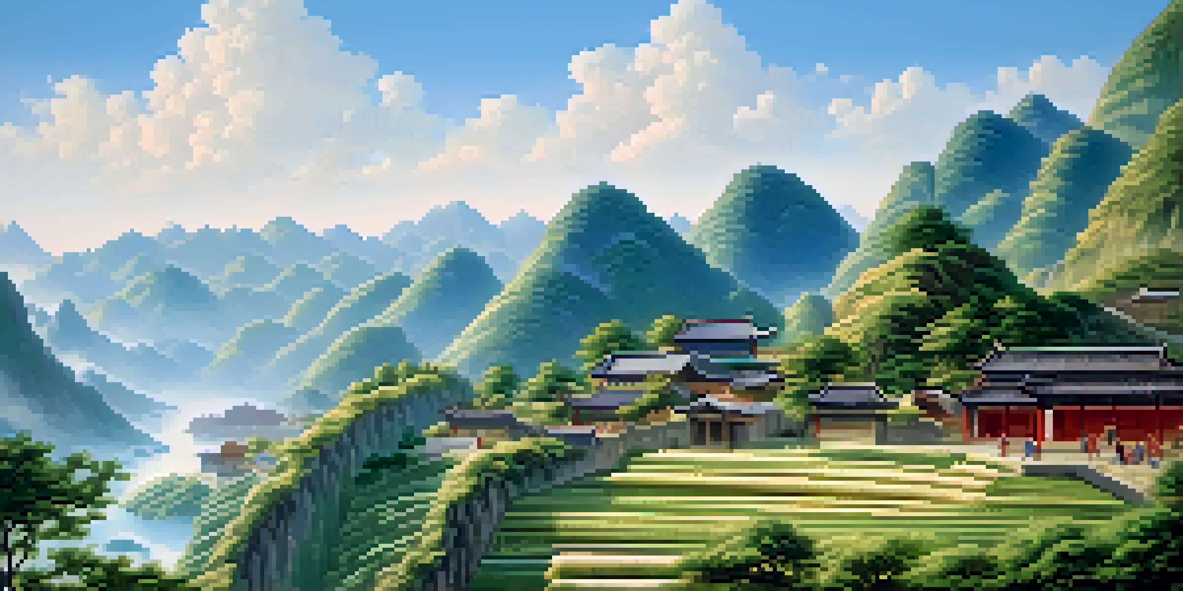 A peaceful view of ancient Chinese mountains with a village where people are weaving textiles from hemp, surrounded by greenery and under a blue sky.