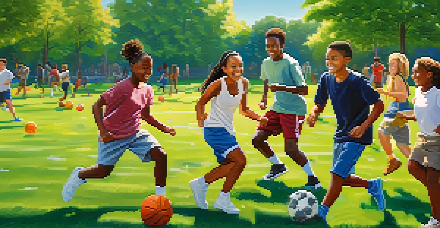 A diverse group of young people playing sports in a community park, highlighting teamwork and friendship.