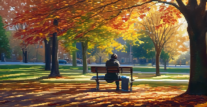 A person sitting on a bench in a peaceful park surrounded by colorful autumn trees, writing in a notebook.