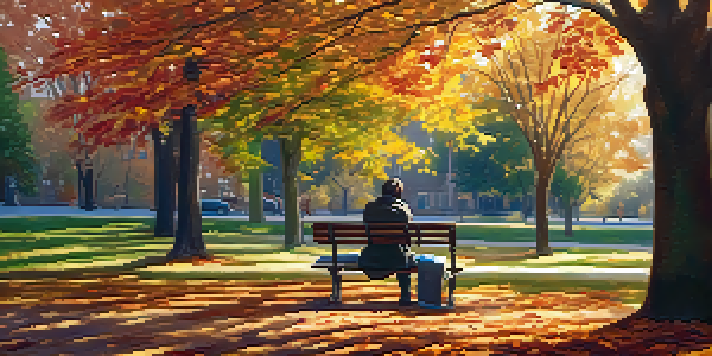 A person sitting on a bench in a peaceful park surrounded by colorful autumn trees, writing in a notebook.