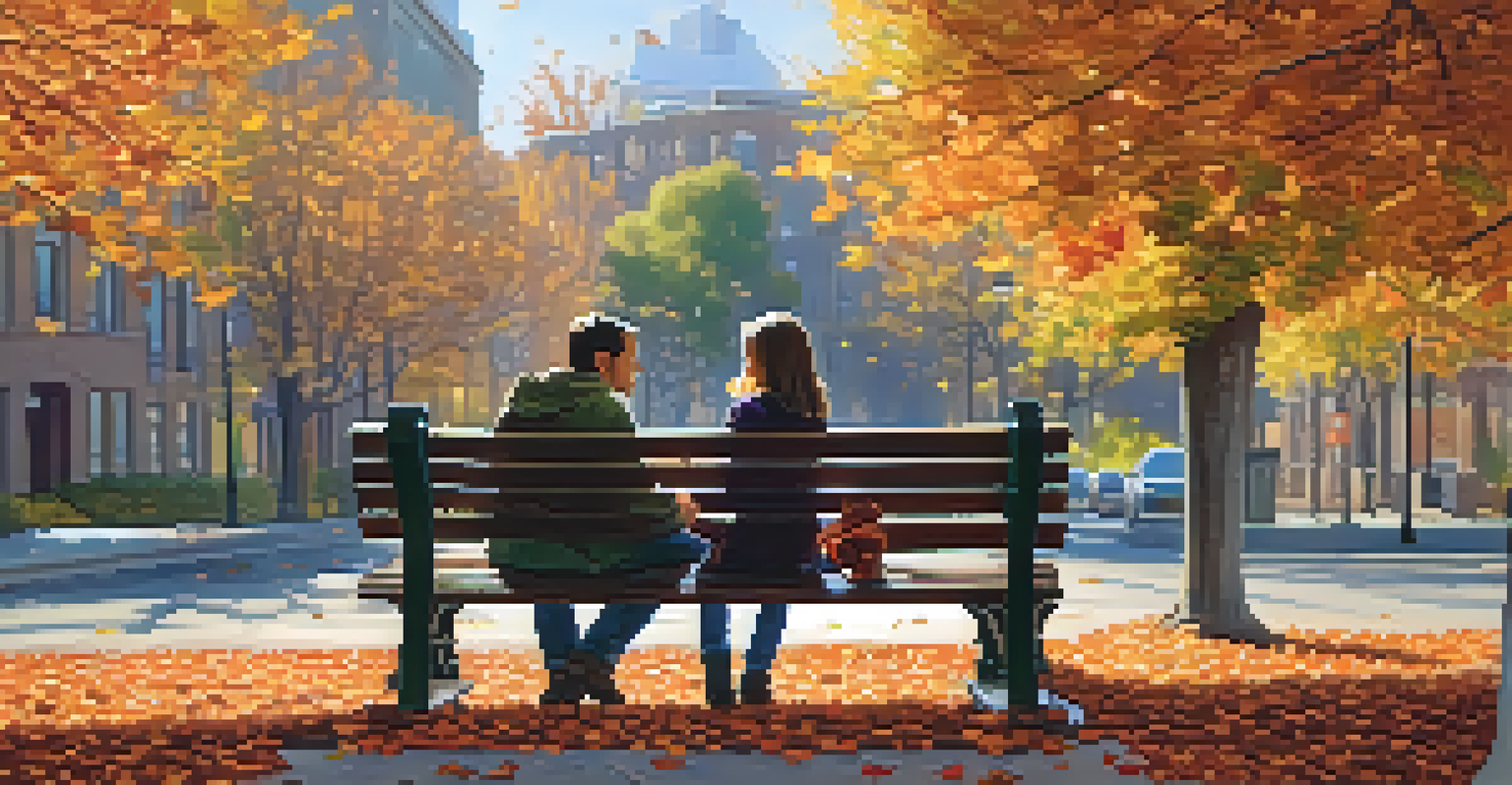 A father and daughter reading a book together on a park bench surrounded by autumn leaves.
