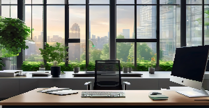 A modern office workspace with a computer showing data analytics, surrounded by plants and natural light.