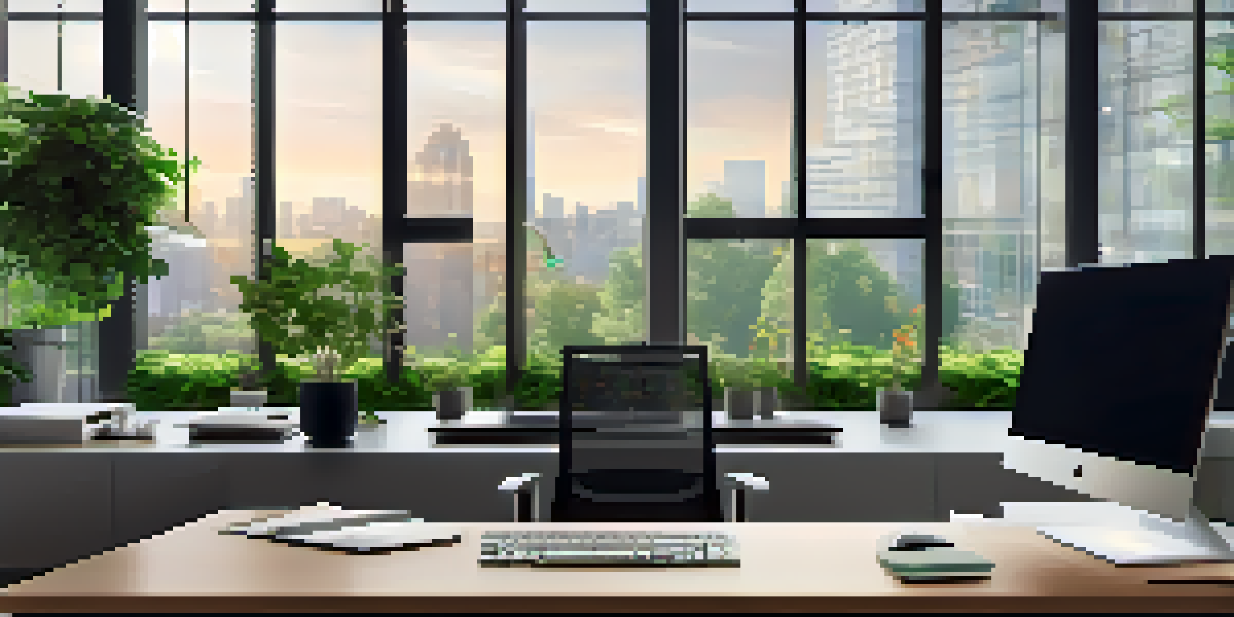 A modern office workspace with a computer showing data analytics, surrounded by plants and natural light.