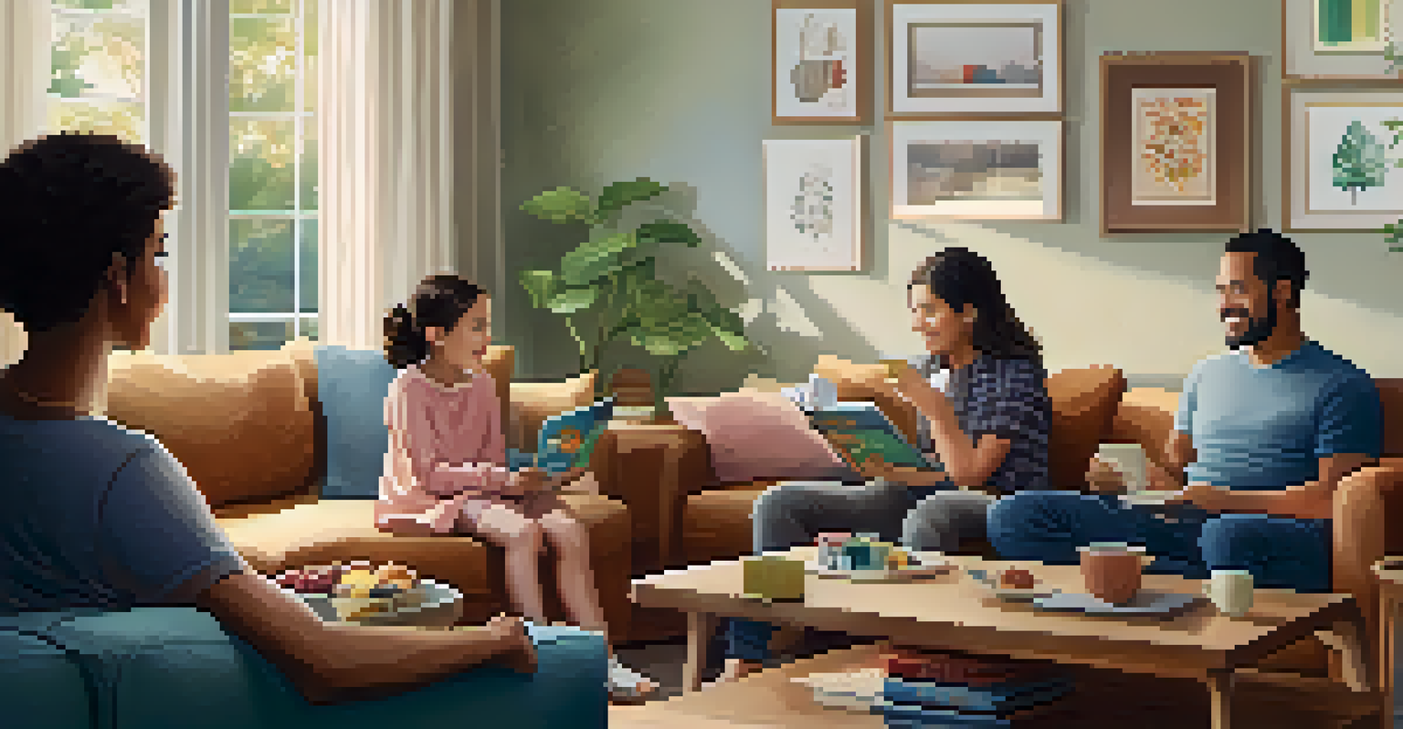 A family sitting together in a warm and inviting living room, having a discussion.