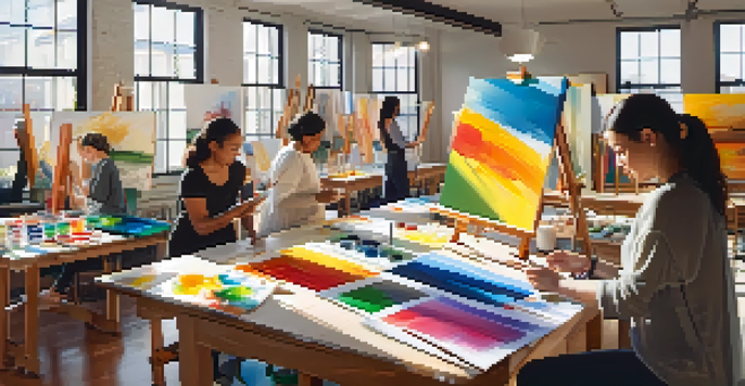 A diverse group of individuals participating in an art therapy session, painting in a bright, sunlit studio.