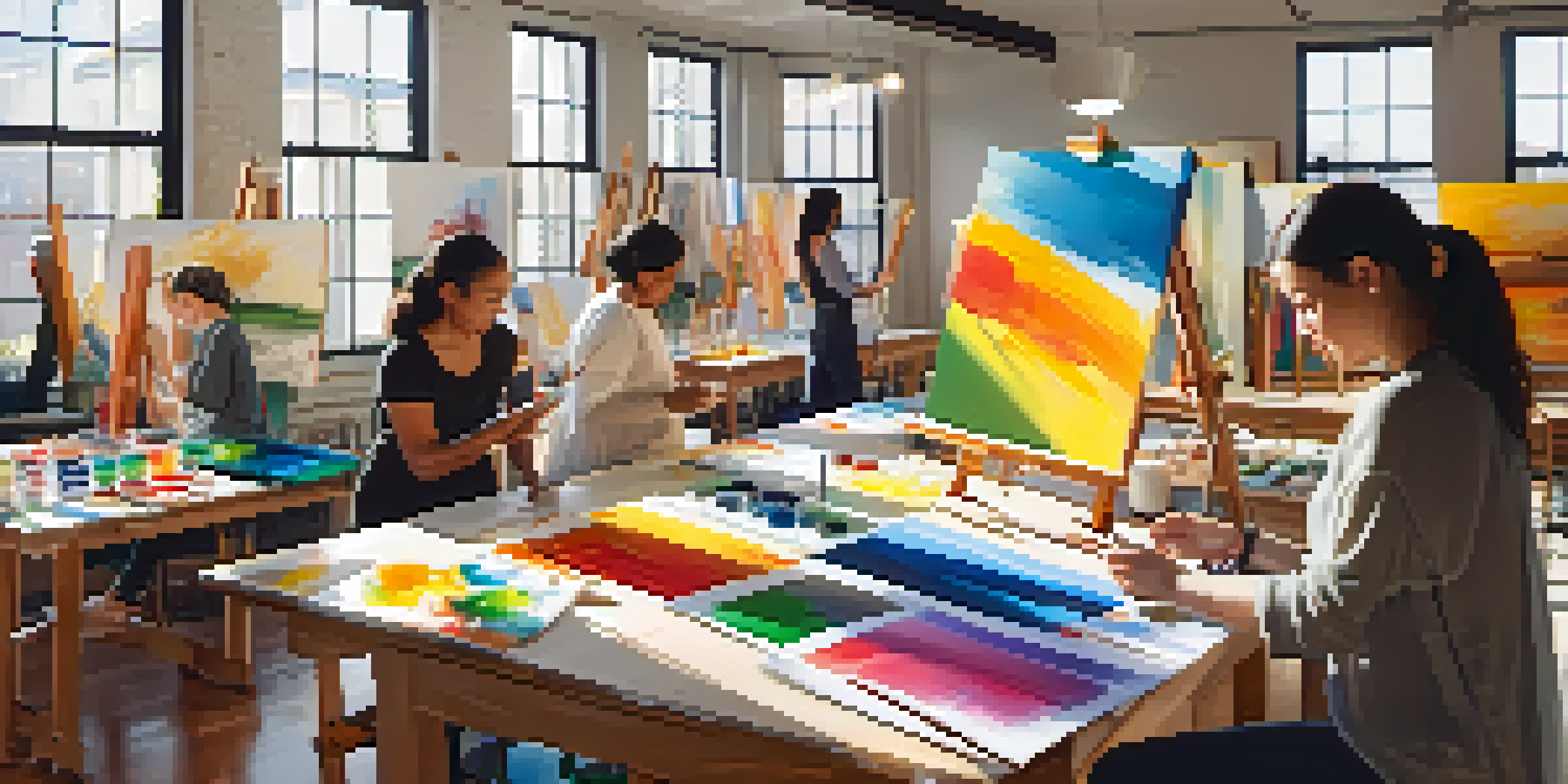 A diverse group of individuals participating in an art therapy session, painting in a bright, sunlit studio.