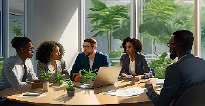 A diverse group of employees in a modern office discussing marijuana policies during a meeting, with natural light and plants around them.