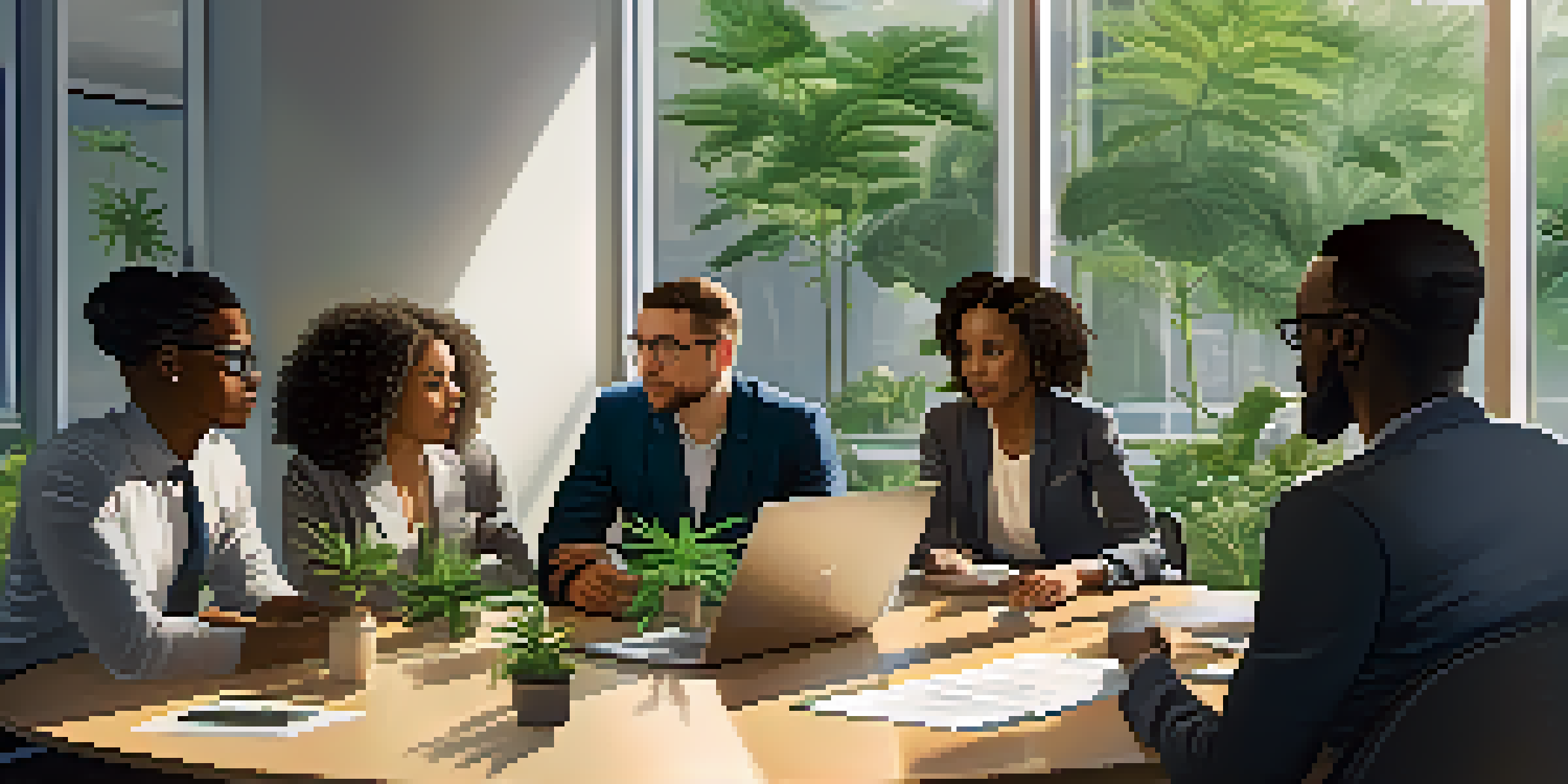 A diverse group of employees in a modern office discussing marijuana policies during a meeting, with natural light and plants around them.