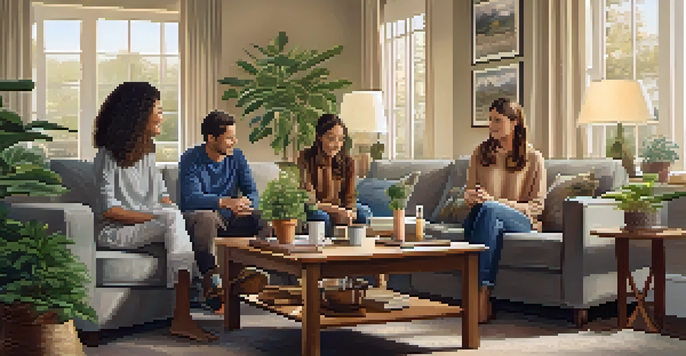 A family of four having an open discussion in a cozy living room, surrounded by warm lighting and personal decorations.