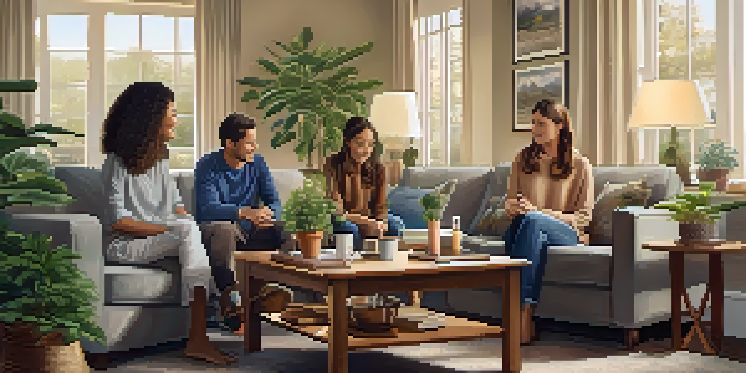 A family of four having an open discussion in a cozy living room, surrounded by warm lighting and personal decorations.