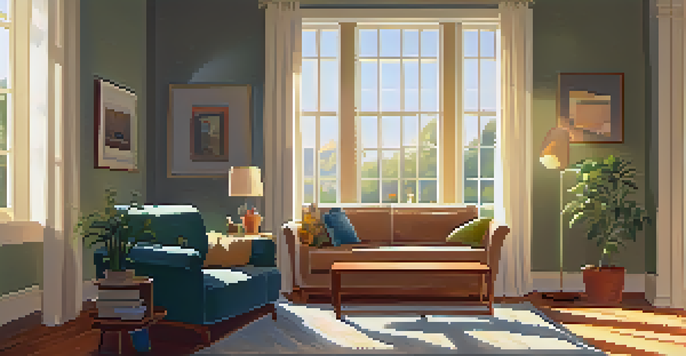 A cozy living room with a sofa and coffee table filled with parenting books, illuminated by warm sunlight from a window.