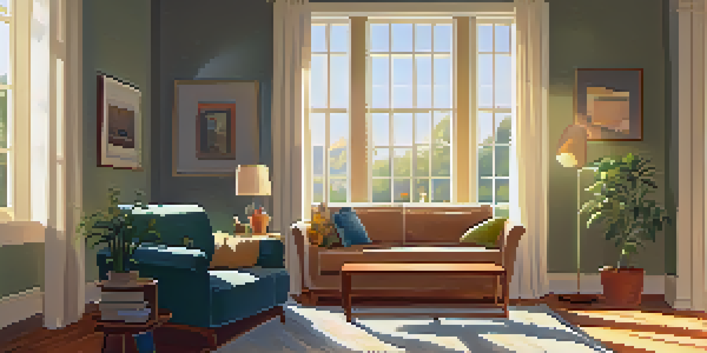 A cozy living room with a sofa and coffee table filled with parenting books, illuminated by warm sunlight from a window.